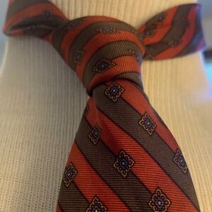70’s cacharel SILK TWILL NECKTIE WITH ORANGE AND BROWN STRIPES AND FOULARD
